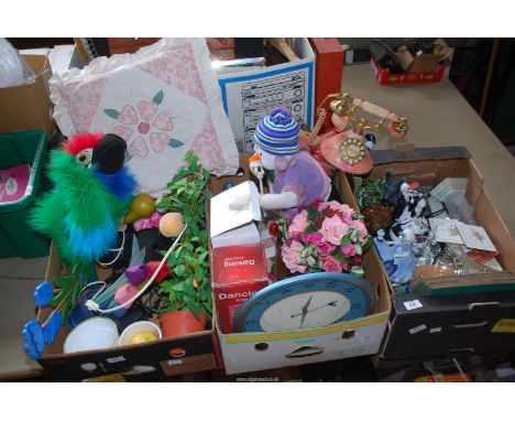 Three boxes and contents to include parrot puppet telephone, clock, ornaments, etc.,