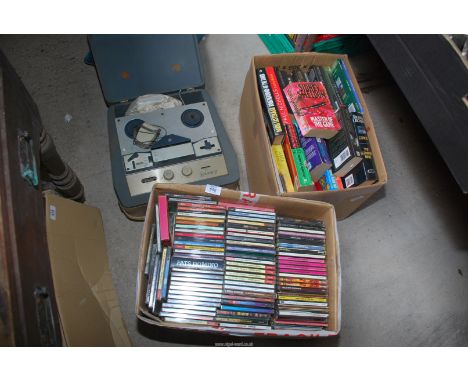 A tape recorder, books and CD's.
