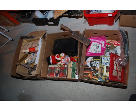 Three boxes of carpentry books, plus woodworking tools, Elwell 344 roof slater's axe, fixings, etc.,
