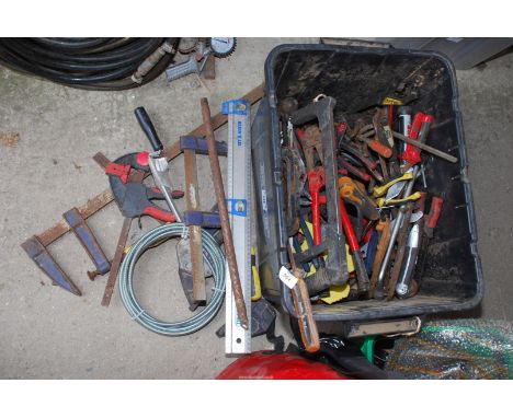 Large box of grip clamps and a good quantity of tools, bolt cropper, etc.