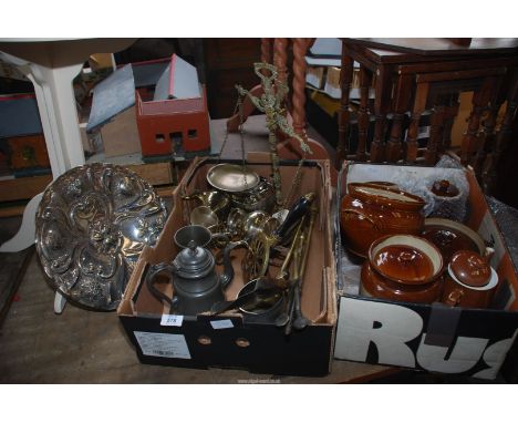 Two boxes of metalware, earthenware jars and libra style balance scales.