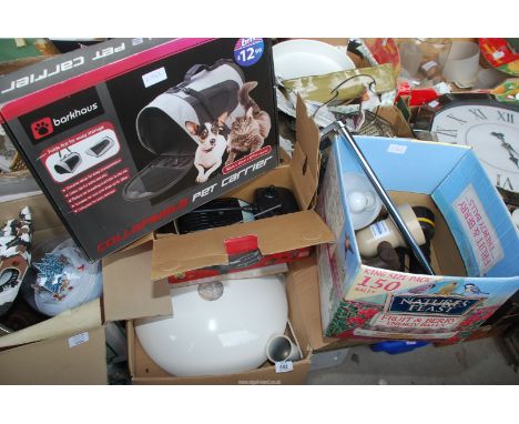 Enamel lamp shades, remote control car and pet carrier.