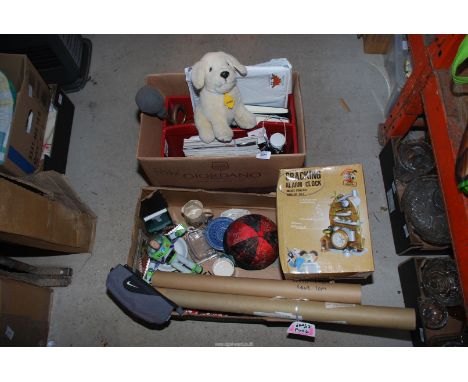 Two boxes of miscellanea including car horn, cuddly toy, china, alarm clock, etc.