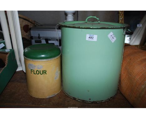 A green enamel Bread Bin and a Flour Tin.