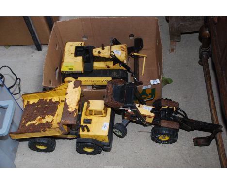 Tonka tractor, tipper lorry and a bulldozer.