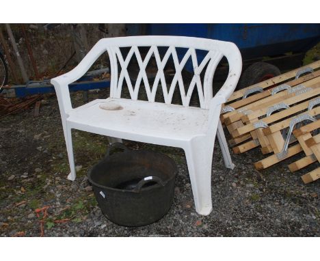 A white plastic garden bench, 45" wide and a trug.