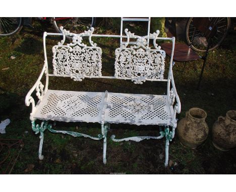 A two seater aluminium Garden Bench, painted white, 37'' wide x 34'' high, a/f.