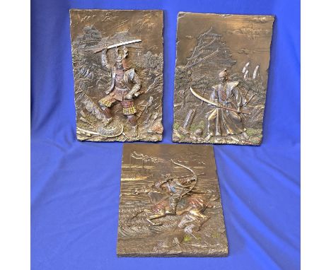 3 x Samurai Bronze Style Wall Plaques approx. 12" tall