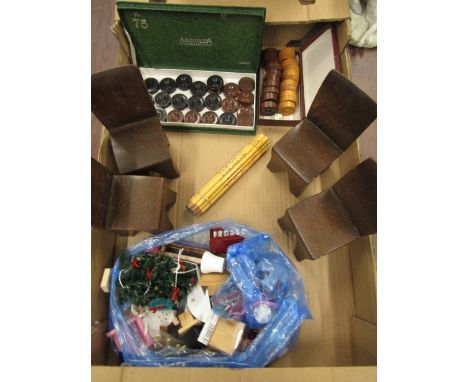 Wooden apprentice piece chairs, draughts, pencils and dolls house pieces&nbsp;