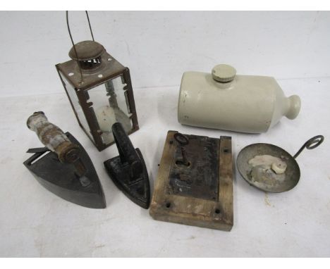 Vintage lock with key, flat irons, lantern, flagon and foot warmer&nbsp;