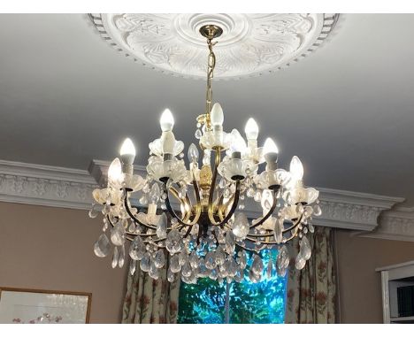 12 Branch gilt brass and cut glass Chandelier. Drop 50cm Diameter 60cm approx&nbsp;
