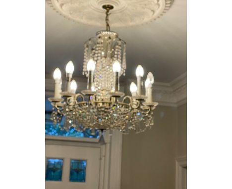 12 branch English gilt brass and cut glass waterfall Chandelier. Drop 70cm Diameter 60cm approx&nbsp;