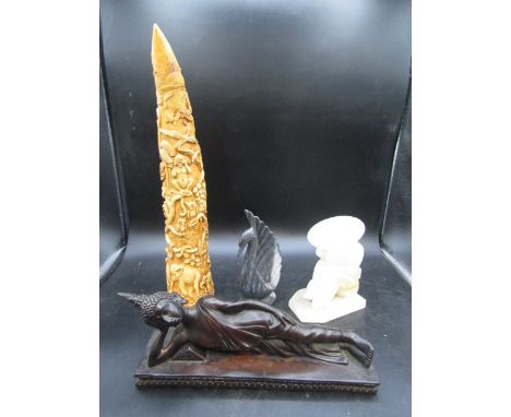 carved faux tusk, resin laying priestess, onyx Mexican and marble swan