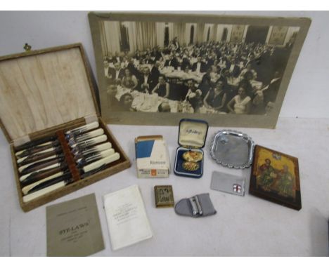 Collectors lot- Ronson lighter, vesta case, Freemasons dinner photograph 1920/30, Aynsley Brooch etc&nbsp;