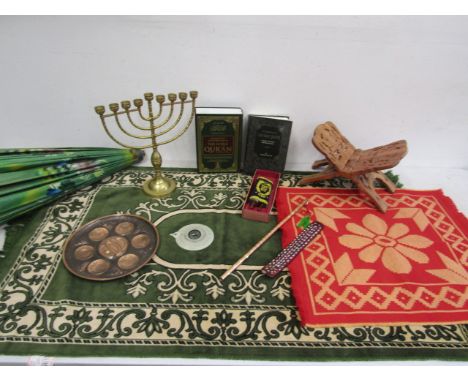 Religious&nbsp; collection inc Islamic prayer mat's (one with compass) Quran books and Rehal, candelabra, incense holder etc