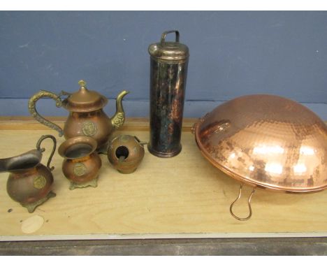 Brass tea set, copper cooking vessel and a flask&nbsp;