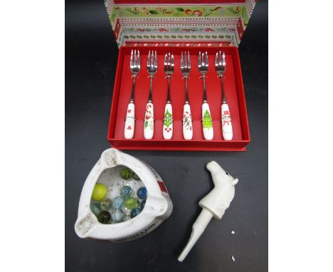 Portmeirion Christmas pastry forks, vintage ceramic horse head pourer and ashtray&nbsp;