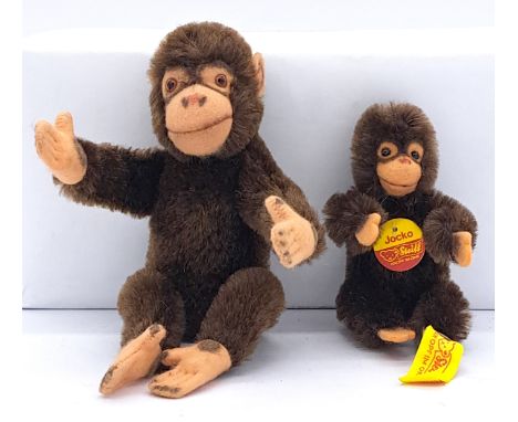 Steiff pair of Jocko mohair monkeys; Jocko, no button/tag/labels, Good Plus to Excellent, 6.5"/17cm; and Jocko, 0020/11, with