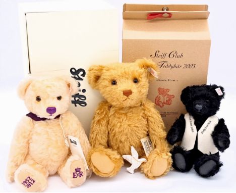 Steiff trio including: (1) Event teddy bear 2003, white tag 420382, mohair, certificate, swing label, within Good box, 8"/21c