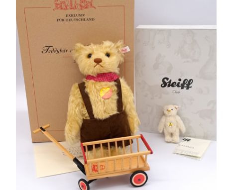 Steiff pair: (1) Teddy bear with Wagon, German exclusive, white tag 671166, LE 2000, mohair, with wooden pull-a-long wagon, N