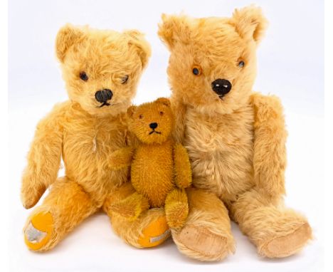 Vintage Teddy Bear trio including: (1) Chad Valley vintage 1950s mohair bear, amber/black glass eyes, felt footpads and repla