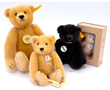 Steiff teddy bears including: (1) Classic Richard replica, yellow tag 001727, mohair, swing label, chest tag, 10"/26cm; (2) c