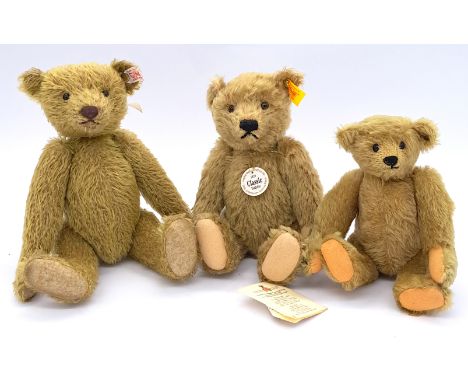 Steiff trio of teddy bears: (1) Margarete Steiff 125 anniversary bear, white tag 038143, limited to production during 2005, b