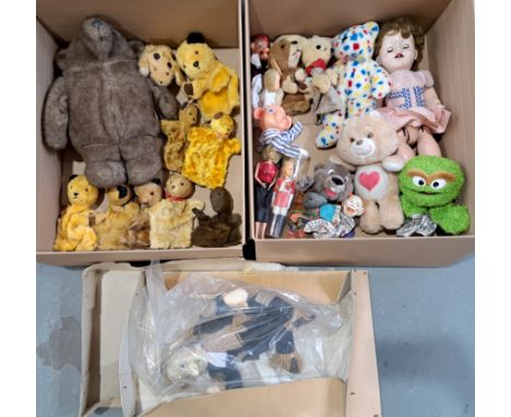 Vintage plush toys including: Chad Valley bear pyjama case, plush and mohair Sooty hand puppets, hard plastic doll plus other