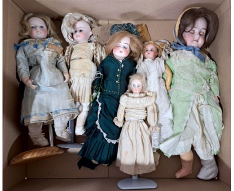 Vintage German and French bisque dolls x six, mix of cloth and bisque bodies, mix of glass and painted eyes, crack to shoulde