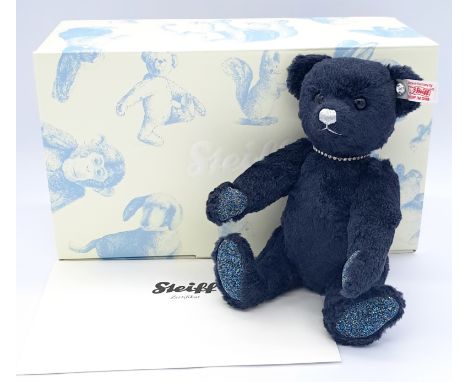 Steiff Sapphire teddy bear, white tag 036934, LE 2000, 2011, Swarovski Xilion crystal button to ear, deep blue silk (56% pure