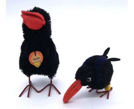 Steiff pair of vintage ravens: (1) Hucky, 7312, 1950s, mohair, metal legs and feet, with chest tag, button and yellow tag, 4.