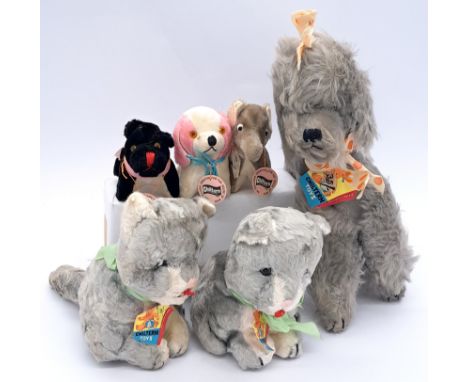 Chiltern assortment of artificial silk and mohair animals, late 1950s-early 1960s, including: mohair poodle, 2x artificial si