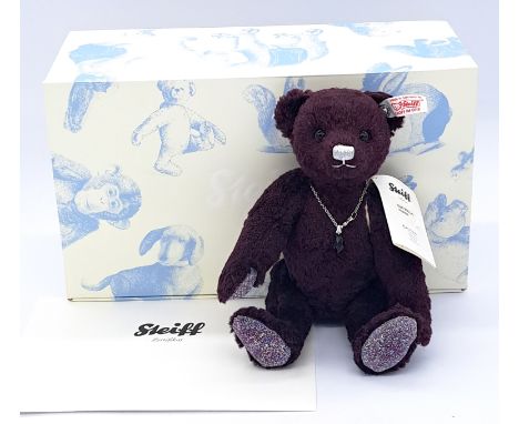 Steiff Amethyst teddy bear, white tag 035159, LE 1129/2000, 2013, Swarovski Xilion crystal button to ear, purple silk (56% pu