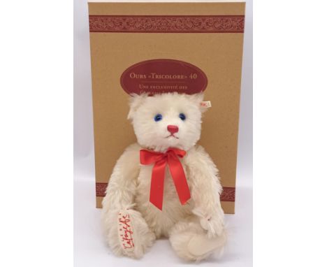 Steiff Galeries Lafayette Tricolore Bear, white tag 657986, LE 1500, exclusive to The French Store Galeries Lafayette, cream 