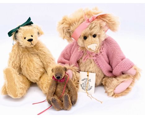 Artist teddy bear trio including: (1) unnamed Beechfield bears, mohair, fully jointed, MISSING swing labels, 11"/28cm; (2) un