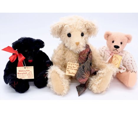 Artist designed teddy bear trio including: (1) Teddies from Bearyland Jonathan, LE 50, mohair, fully jointed, swing label cer