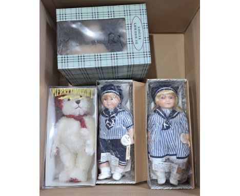 Merrythought boxed 2000 Christmas mohair bear, MISSING swing labels; plus a plush Burberry teddy bear and two modern bisque d