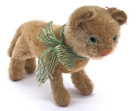Steiff vintage Tabby Cat, c. late 1920s-early 1930s, 1310,0, mohair, faded stripes, glass eyes (one repaired with glue), thin