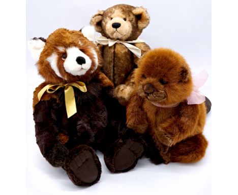 Plush toys including: (1) Bearhouse Bears Red Panda, 18"/46cm; (2) Bearhouse Bears Beaver 13"/33cm; (3) Dean's Rag Book teddy