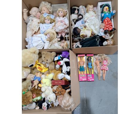 Mixed group of dolls and bears including: Mattel Barbie boxed Florida Ken and Christie, bisque dolls, Steiff plush teddy bear