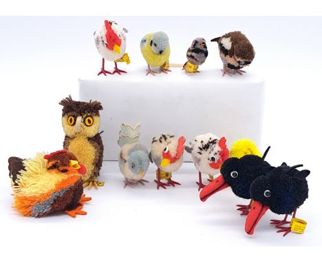Steiff collection of Pom Pom Pets birds, including Woolen Owl, 7480/09, 3.5"/9cm, Woolen Raven, 7430/08, 3"/8cm, and similar;