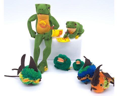 Steiff assortment including Cappy dangling frog, 2380/32, Trevira velvet, with chest and swing label, 11.5"/29cm; plus Pom Po