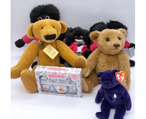 Assortment of teddy bears, gollies, and others; including Steiff Schnuffy, with button in ear, mohair, missing white tag, wit