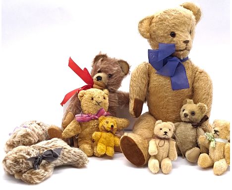 Collection of vintage European teddy bears, including 2x Steiff Sleeping Zotty and Berg, plus others; a mix of mohair and art