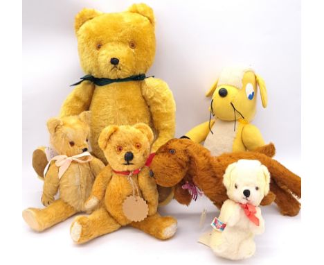 Assortment of vintage teddy bears and toys, including rare mohair Wendy Boston teddy bear, plush Pedigree Larry the Lamb, plu