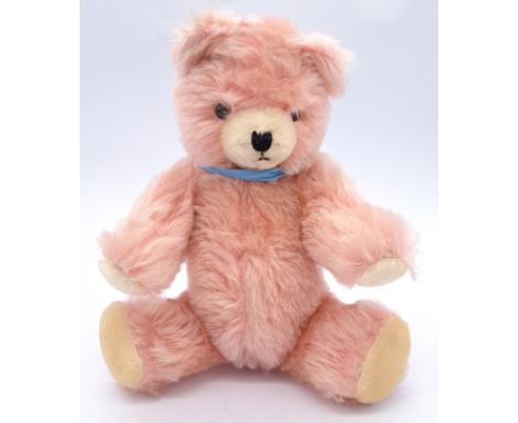 Hamiro vintage mohair teddy bear, late 1950s-early 1960s, pink with cream inset muzzle and pads, vertically stitched nose, bl