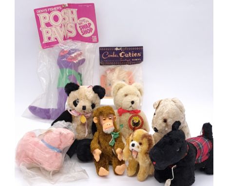 Assortment of vintage bears and animals, including Shanghai Toys; late 1950s-early 1960s; plush, artificial silk, fabric and 