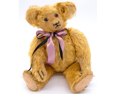 National French and Novelty Co rare antique teddy bear, American, 1914-1920, golden mohair, replacement clear glass eyes with