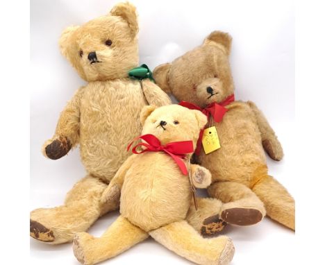 Trio of British vintage teddy bears; late 1950s-1960s, blonde/gold mohair, 2x with glass black and amber eyes, 1x with plasti