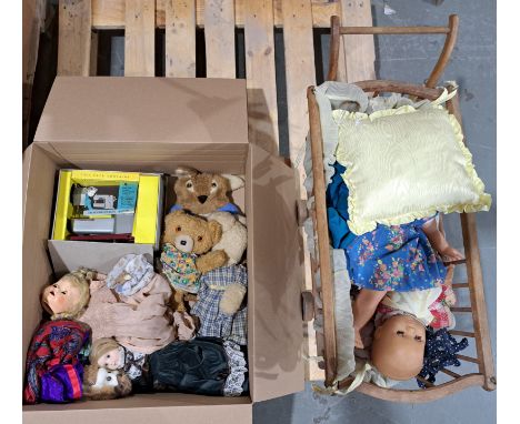 Mixed lot including Vulcan vintage sewing machine, wooden pram, dolls (modern bisque, vinyl and hard plastic) and teddy bears